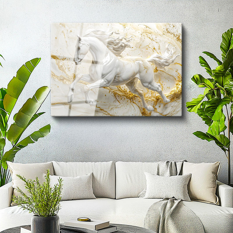 Tamperli Gerçek Cam Tablo Altın Detaylı Mermer Görünümlü At Tablosu Duvar Dekoru