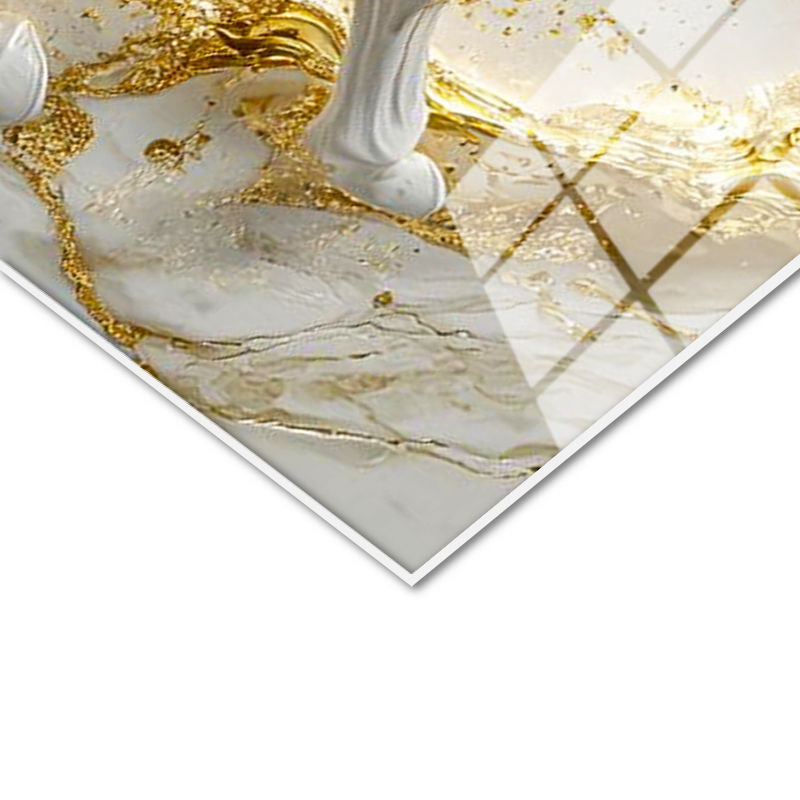 Tamperli Gerçek Cam Tablo Altın Detaylı Mermer Görünümlü At Tablosu Duvar Dekoru
