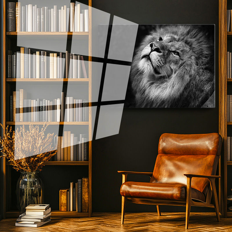Tamperli Gerçek Cam Tablo Gökyüzüne Bakan Aslan Portresi Aslan Tablosu Duvar Dekoru