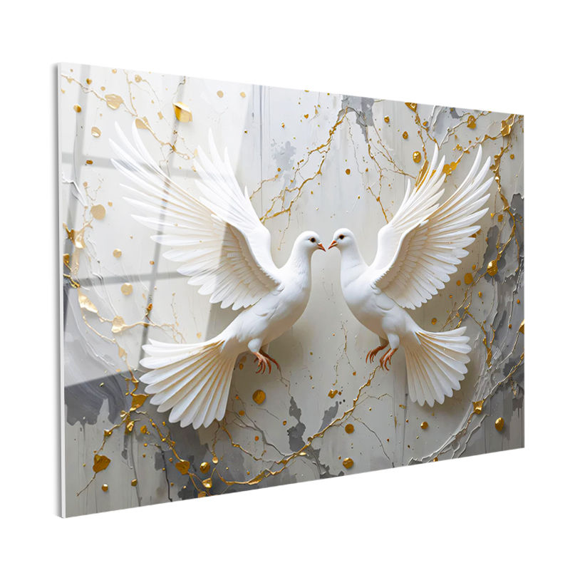 Tamperli Gerçek Cam Tablo Barış ve Uyum Güvercin Tablosu Duvar Dekoru