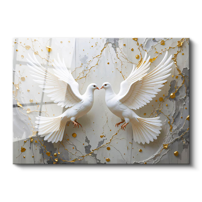Tamperli Gerçek Cam Tablo Barış ve Uyum Güvercin Tablosu Duvar Dekoru