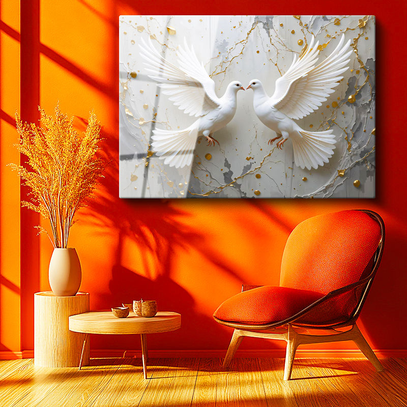 Tamperli Gerçek Cam Tablo Barış ve Uyum Güvercin Tablosu Duvar Dekoru