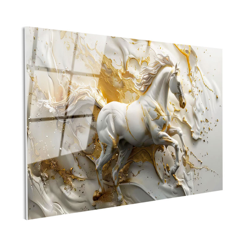 Tamperli Gerçek Cam Tablo Sıvı Altın Görünümlü At Tablosu Duvar Dekoru