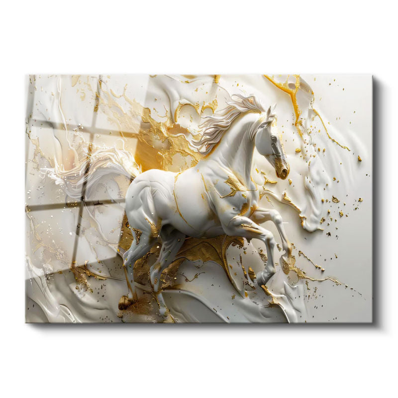 Tamperli Gerçek Cam Tablo Sıvı Altın Görünümlü At Tablosu Duvar Dekoru