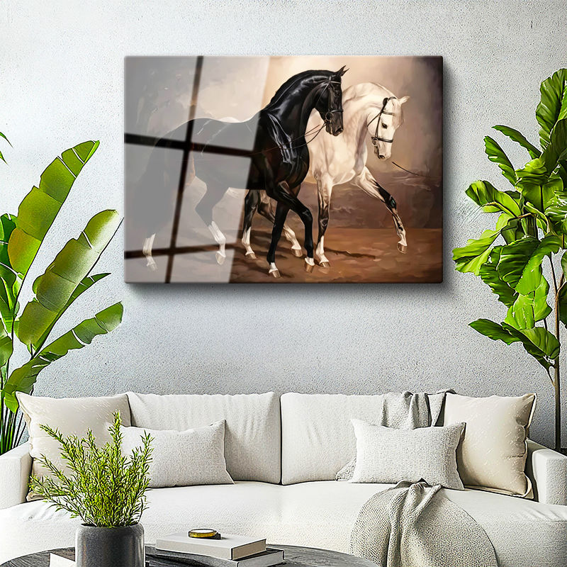 Tamperli Gerçek Cam Tablo Asil İkili At Tablosu Duvar Dekoru