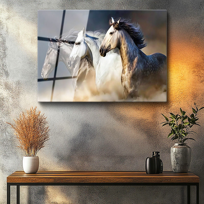 Tamperli Gerçek Cam Tablo Dinamik Koşu At Tablosu Duvar Dekoru