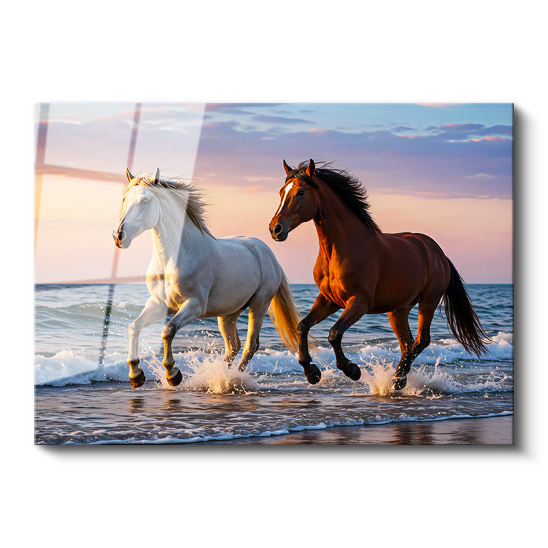 Tamperli Gerçek Cam Tablo Deniz Kıyısı At Tablosu Duvar Dekoru