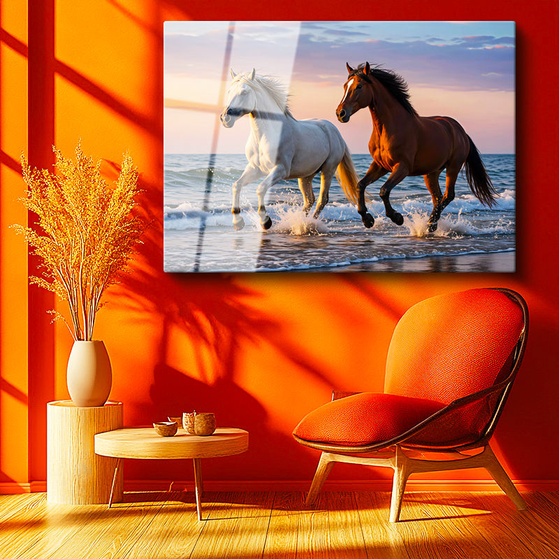 Tamperli Gerçek Cam Tablo Deniz Kıyısı At Tablosu Duvar Dekoru
