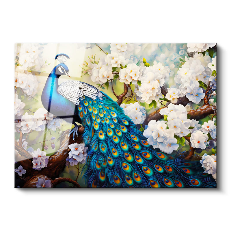 Tamperli Gerçek Cam Tablo Çiçekli Dal Tavus Kuşu Tablosu Duvar Dekoru