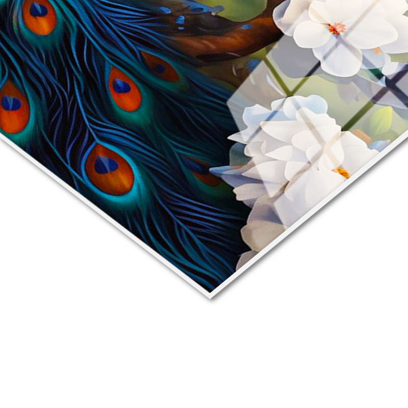 Tamperli Gerçek Cam Tablo Çiçekli Dal Tavus Kuşu Tablosu Duvar Dekoru