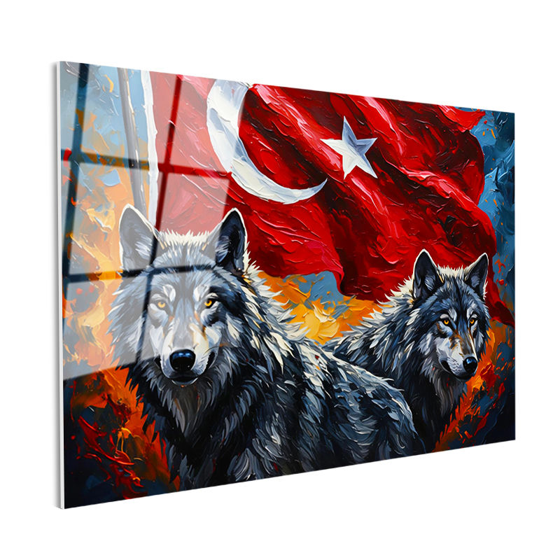Tamperli Gerçek Cam Tablo Ay Yıldız Kurt Tablosu Duvar Dekoru