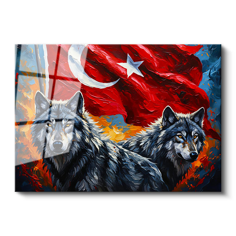 Tamperli Gerçek Cam Tablo Ay Yıldız Kurt Tablosu Duvar Dekoru
