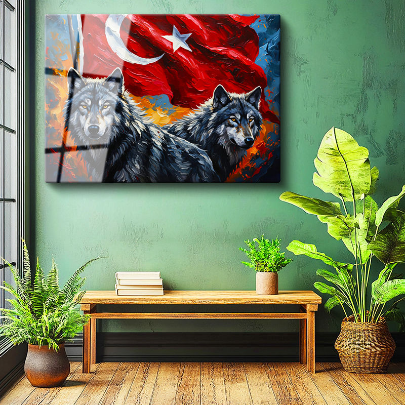 Tamperli Gerçek Cam Tablo Ay Yıldız Kurt Tablosu Duvar Dekoru