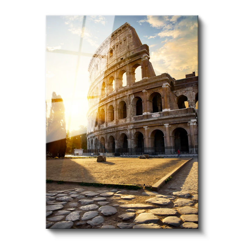 Tamperli Gerçek Cam Tablo İtalya Roma Kolezyum Arenası Şehir Mimari Tablo Duvar Dekoru