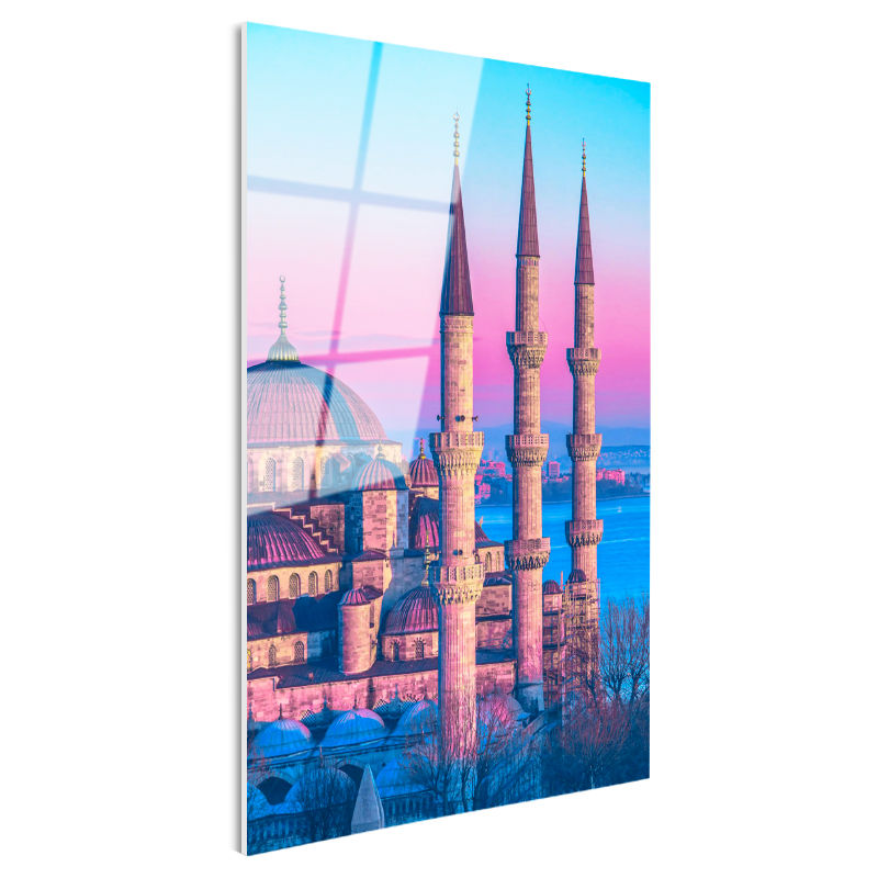 Tamperli Gerçek Cam Tablo Sultanahmet Camii Üç Minare Şehir Mimari Tablo Duvar Dekoru