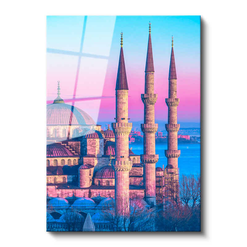Tamperli Gerçek Cam Tablo Sultanahmet Camii Üç Minare Şehir Mimari Tablo Duvar Dekoru