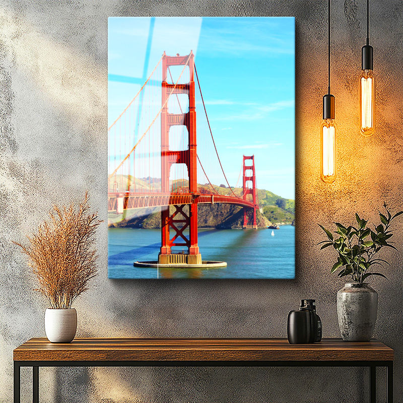 Tamperli Gerçek Cam Tablo San Francisco Kırmızı Köprü Kulesi Şehir Mimari Tablo Duvar Dekoru