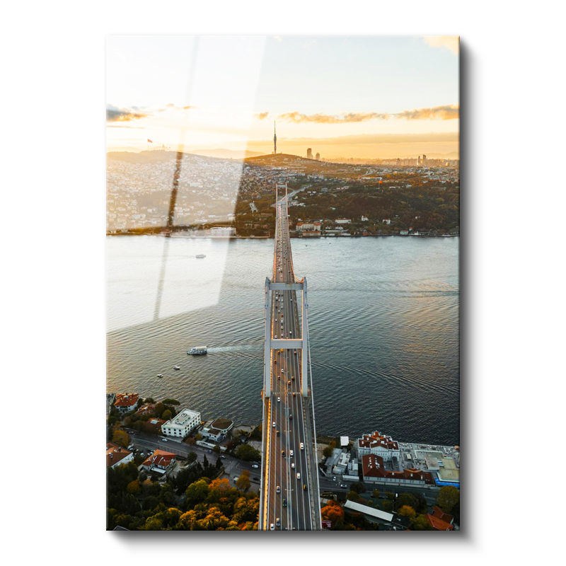 Tamperli Gerçek Cam Tablo İstanbul Boğaz Köprüsü ve Trafik Akışı Şehir Mimari Tablo Duvar Dekoru