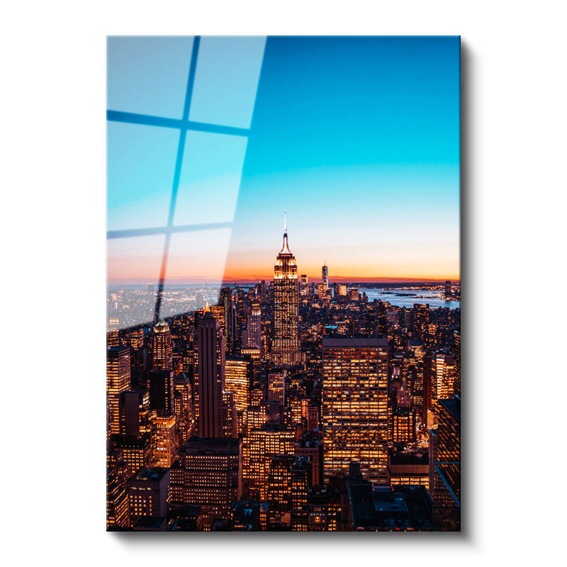 Tamperli Gerçek Cam Tablo New York Empire State Gece Manzarası Şehir Mimari Tablo Duvar Dekoru