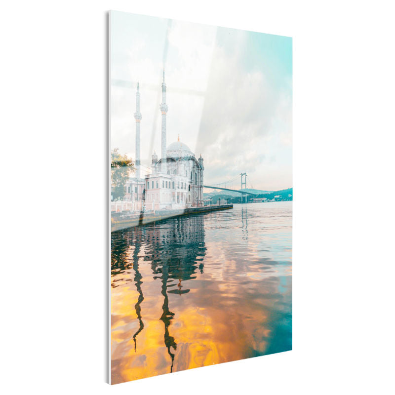 Tamperli Gerçek Cam Tablo Ortaköy Camii ve Deniz Yansıması Şehir Mimari Tablo Duvar Dekoru