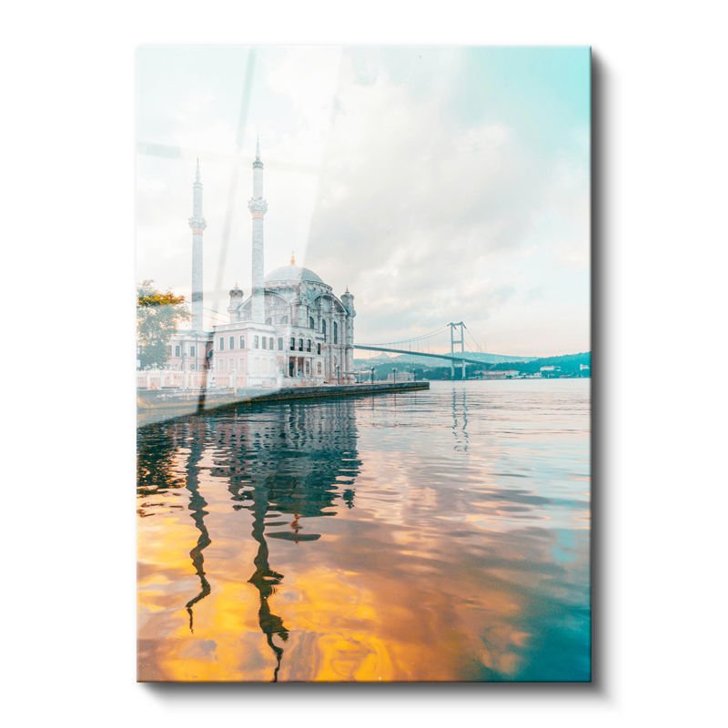 Tamperli Gerçek Cam Tablo Ortaköy Camii ve Deniz Yansıması Şehir Mimari Tablo Duvar Dekoru