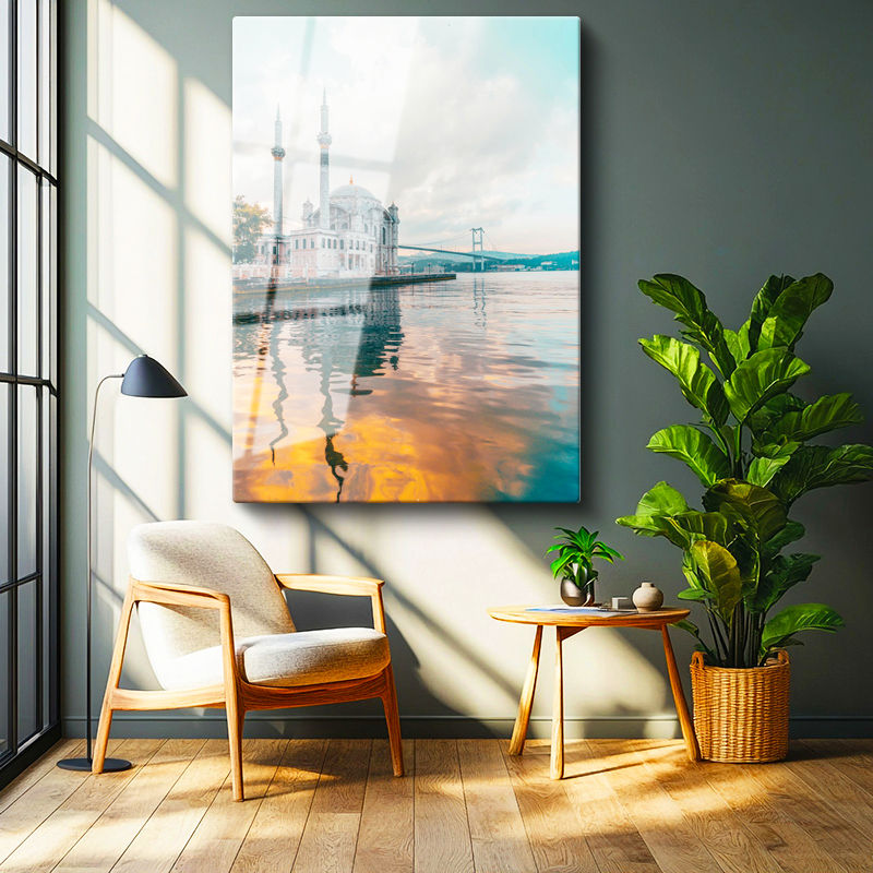 Tamperli Gerçek Cam Tablo Ortaköy Camii ve Deniz Yansıması Şehir Mimari Tablo Duvar Dekoru