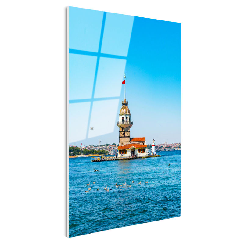 Tamperli Gerçek Cam Tablo Kız Kulesi ve Mavi Deniz Manzarası Şehir Mimari Tablo Duvar Dekoru