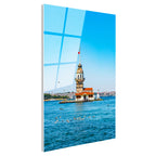 Tamperli Gerçek Cam Tablo Kız Kulesi ve Mavi Deniz Manzarası Şehir Mimari Tablo Duvar Dekoru