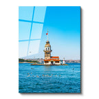 Tamperli Gerçek Cam Tablo Kız Kulesi ve Mavi Deniz Manzarası Şehir Mimari Tablo Duvar Dekoru