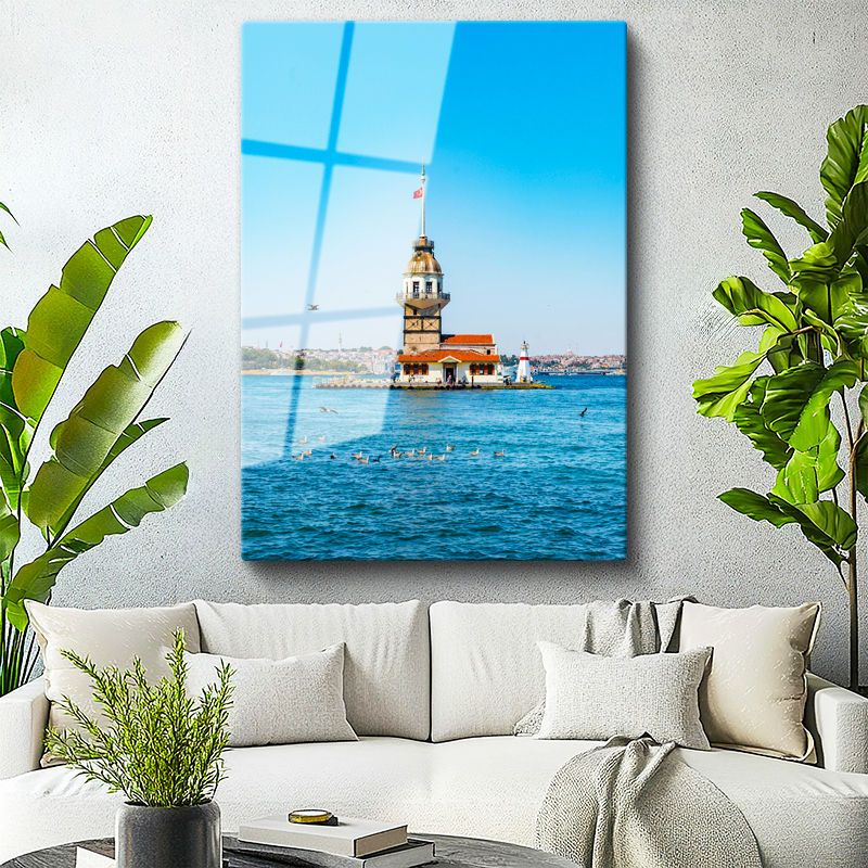 Tamperli Gerçek Cam Tablo Kız Kulesi ve Mavi Deniz Manzarası Şehir Mimari Tablo Duvar Dekoru