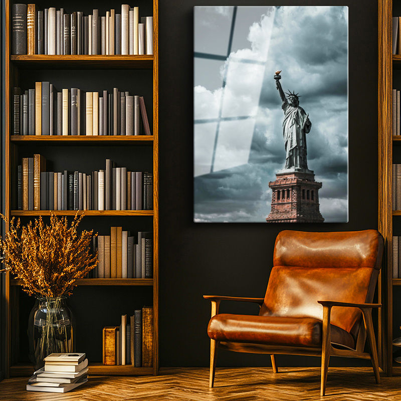 Tamperli Gerçek Cam Tablo Özgürlük Heykeli Bulutlu Gökyüzü Şehir Mimari Tablo Duvar Dekoru