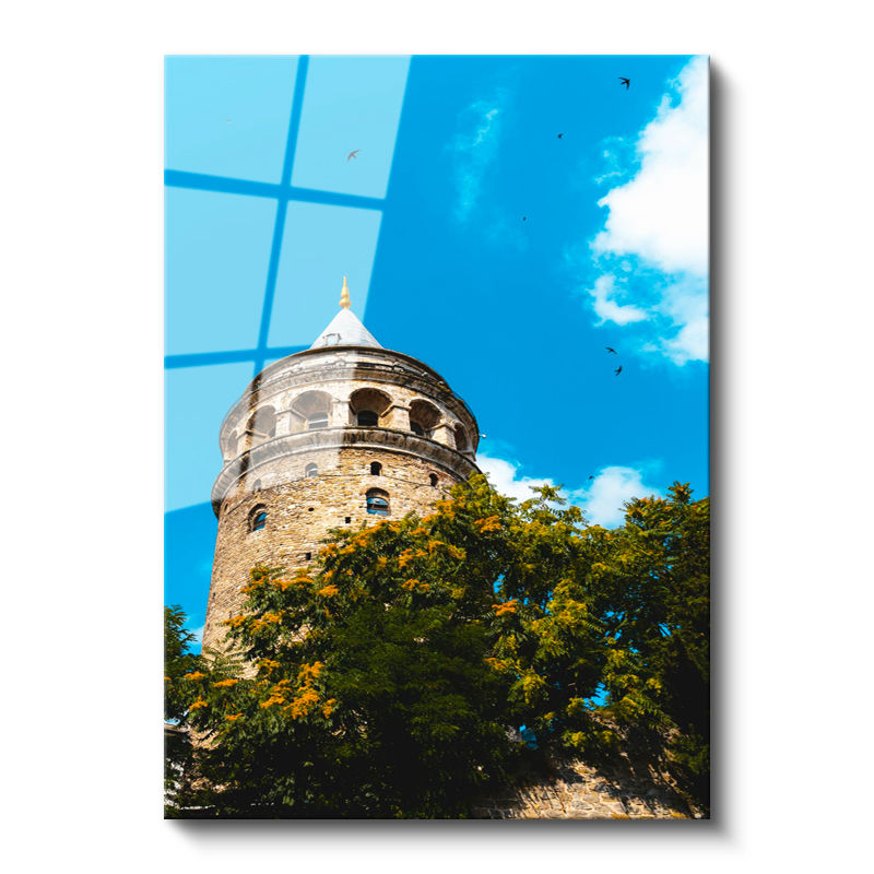 Tamperli Gerçek Cam Tablo Galata Kulesi ve Yeşil Ağaçlar Şehir Mimari Tablo Duvar Dekoru