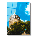 Tamperli Gerçek Cam Tablo Galata Kulesi ve Yeşil Ağaçlar Şehir Mimari Tablo Duvar Dekoru