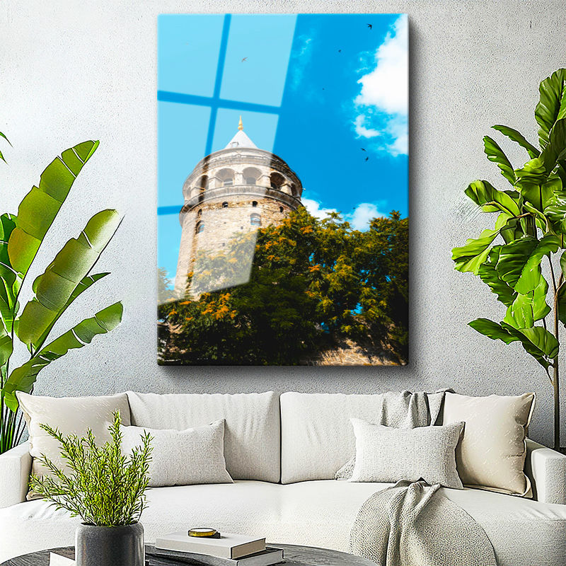 Tamperli Gerçek Cam Tablo Galata Kulesi ve Yeşil Ağaçlar Şehir Mimari Tablo Duvar Dekoru