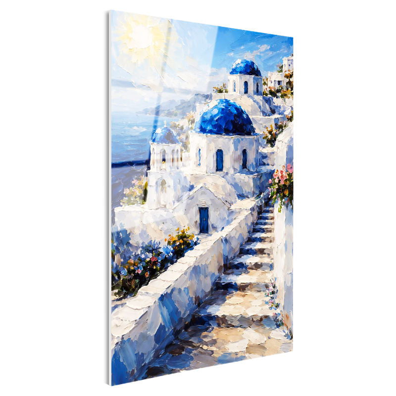 Tamperli Gerçek Cam Tablo Santorini Adası Ve Merdivenli Evler Şehir Ve Mimari Tablo Duvar Dekoru