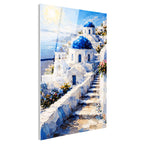Tamperli Gerçek Cam Tablo Santorini Adası Ve Merdivenli Evler Şehir Ve Mimari Tablo Duvar Dekoru