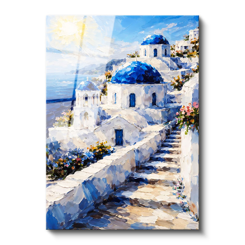 Tamperli Gerçek Cam Tablo Santorini Adası Ve Merdivenli Evler Şehir Ve Mimari Tablo Duvar Dekoru