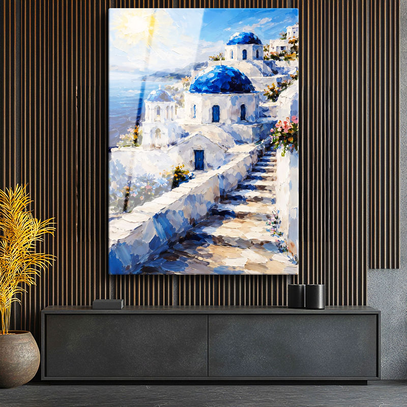 Tamperli Gerçek Cam Tablo Santorini Adası Ve Merdivenli Evler Şehir Ve Mimari Tablo Duvar Dekoru