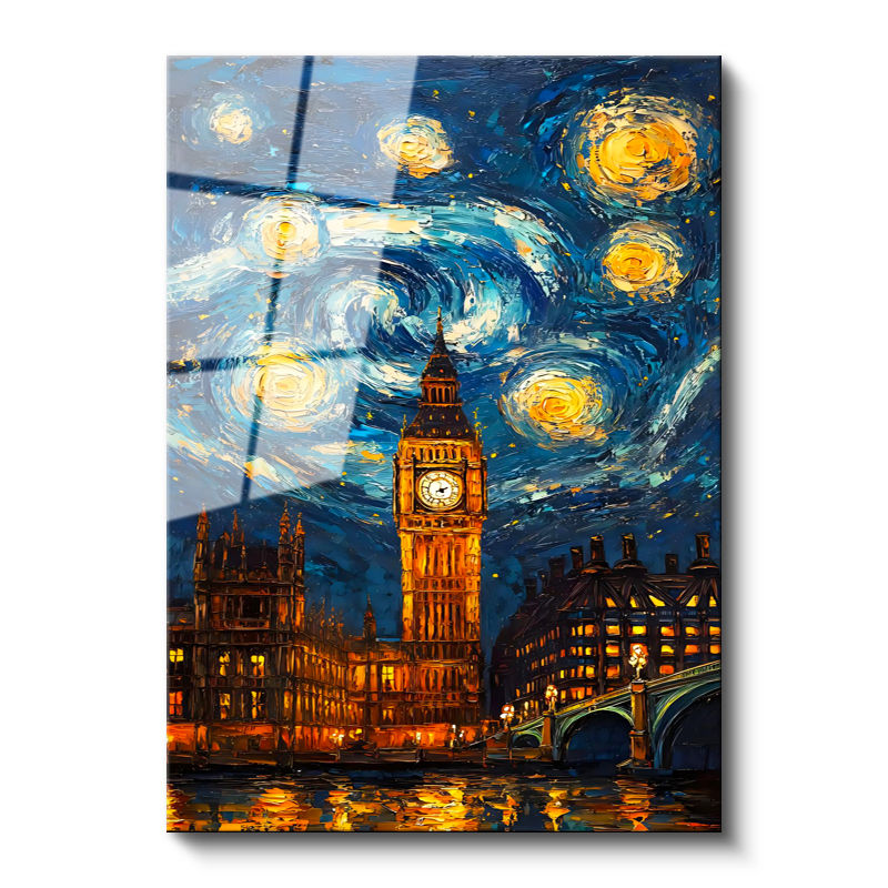 Tamperli Gerçek Cam Tablo Londra Big Ben Fantastik Gökyüzü Şehir Ve Mimari Tablo Duvar Dekoru