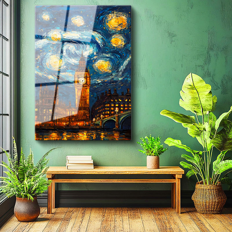 Tamperli Gerçek Cam Tablo Londra Big Ben Fantastik Gökyüzü Şehir Ve Mimari Tablo Duvar Dekoru