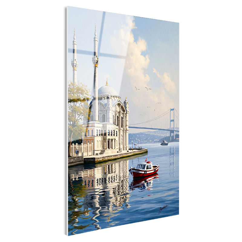 Tamperli Gerçek Cam Tablo Ortaköy Camii Ve Deniz Manzarası Şehir Ve Mimari Tablo Duvar Dekoru
