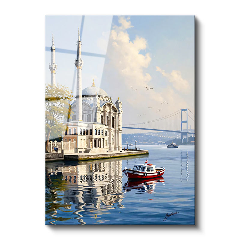 Tamperli Gerçek Cam Tablo Ortaköy Camii Ve Deniz Manzarası Şehir Ve Mimari Tablo Duvar Dekoru