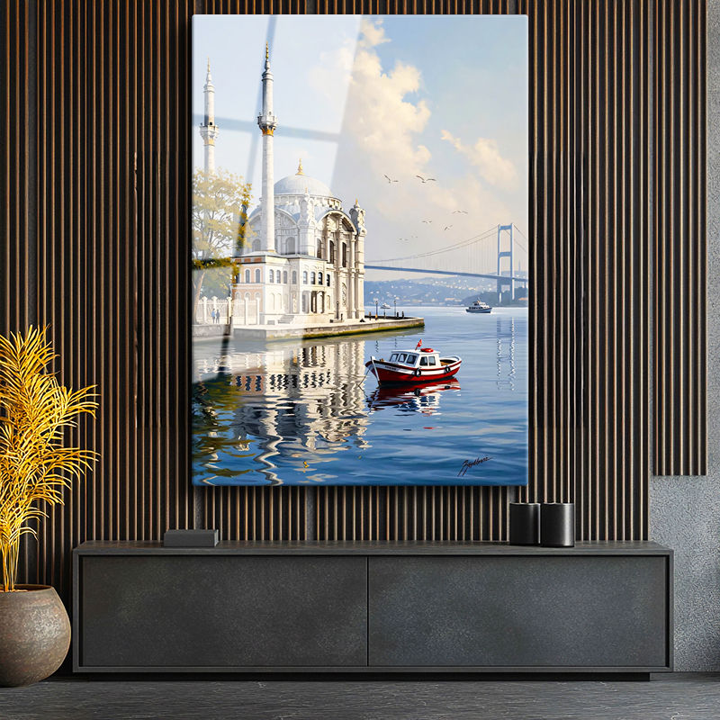 Tamperli Gerçek Cam Tablo Ortaköy Camii Ve Deniz Manzarası Şehir Ve Mimari Tablo Duvar Dekoru