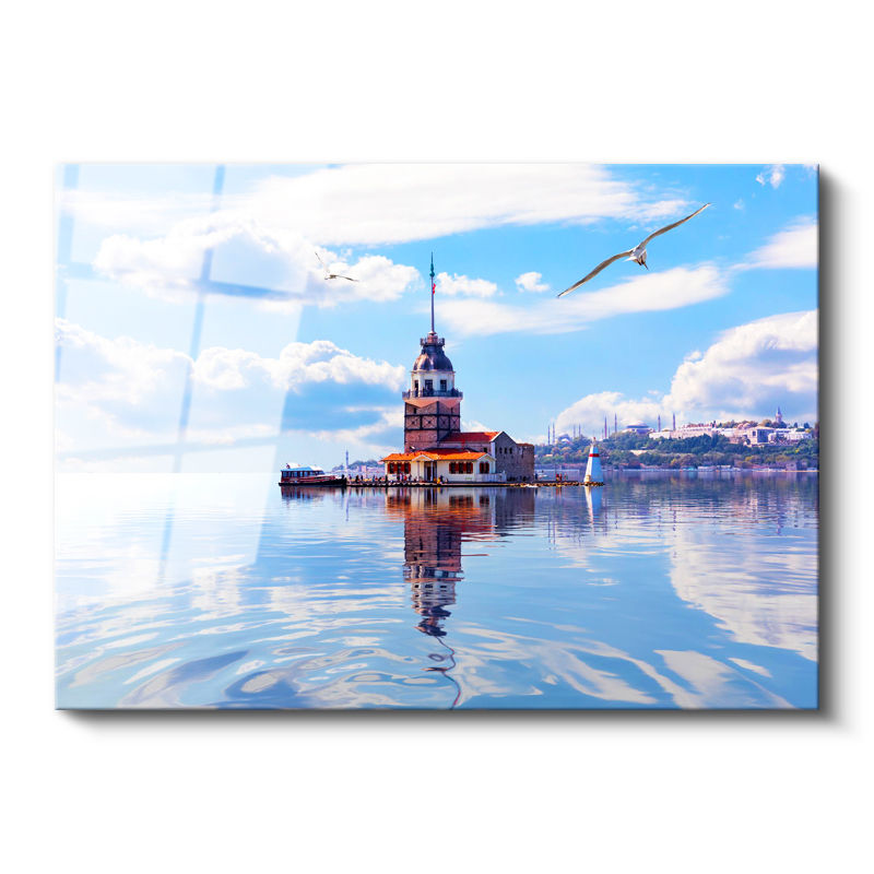 Tamperli Gerçek Cam Tablo Kız Kulesi Deniz Yansıması Şehir Mimari Tablo Duvar Dekoru
