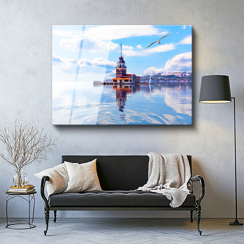 Tamperli Gerçek Cam Tablo Kız Kulesi Deniz Yansıması Şehir Mimari Tablo Duvar Dekoru