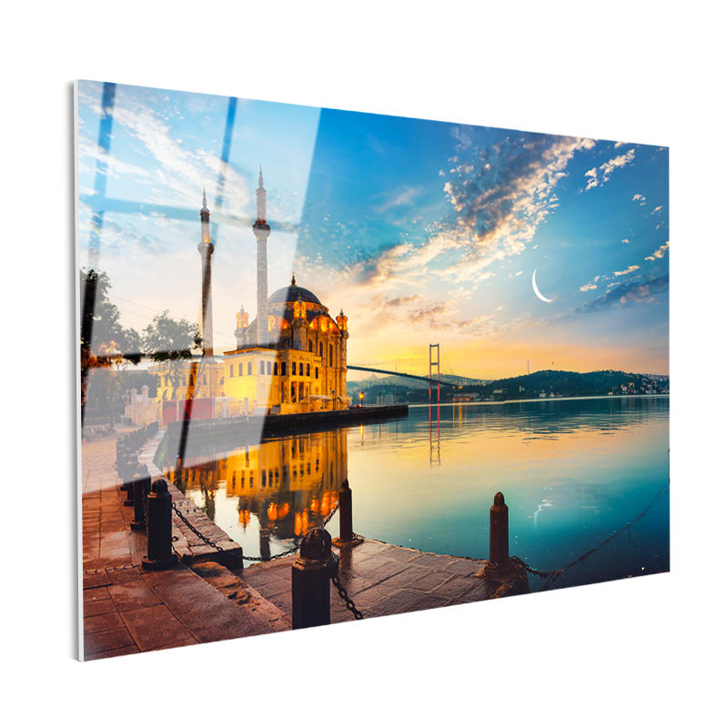Tamperli Gerçek Cam Tablo Ortaköy Camii ve Köprü Şehir Mimari Tablo Duvar Dekoru