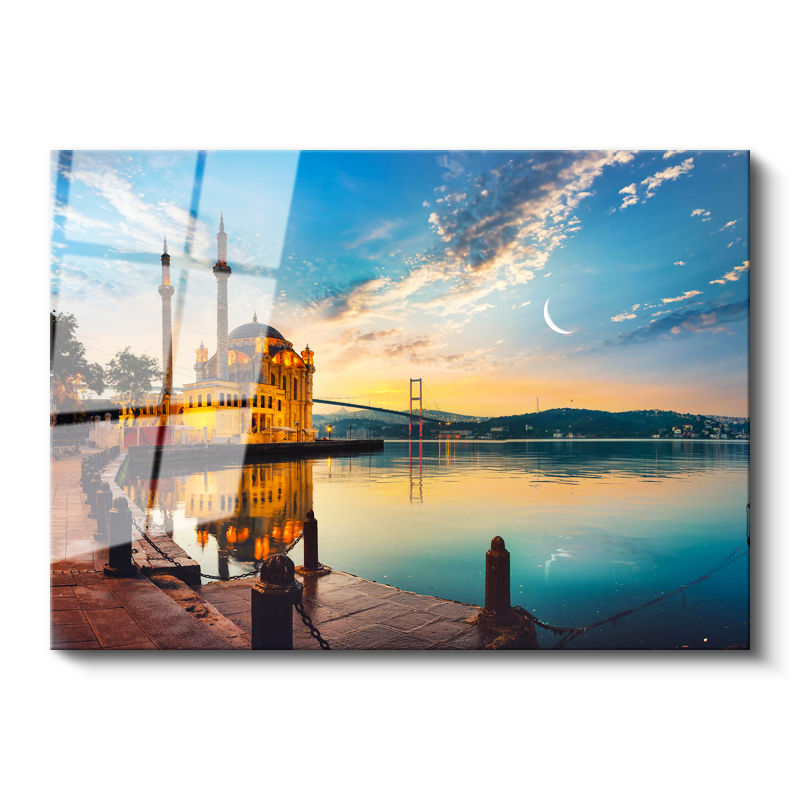 Tamperli Gerçek Cam Tablo Ortaköy Camii ve Köprü Şehir Mimari Tablo Duvar Dekoru