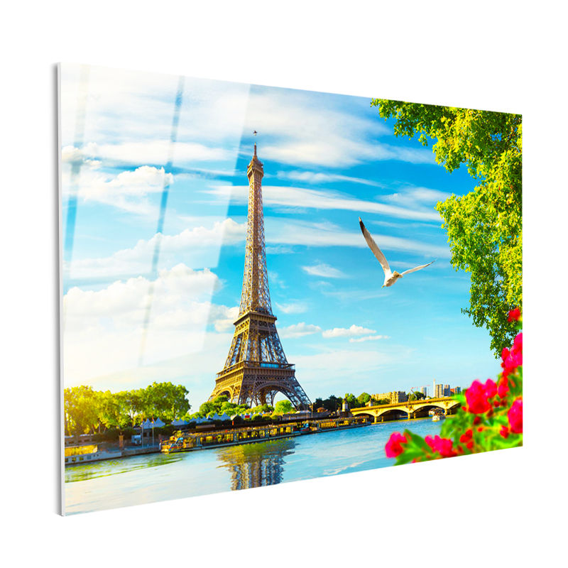 Tamperli Gerçek Cam Tablo Eyfel Kulesi Seine Nehri Çiçekler Şehir Mimari Tablo Duvar Dekoru
