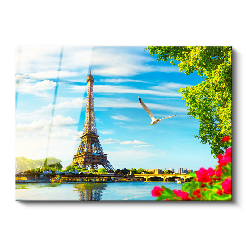Tamperli Gerçek Cam Tablo Eyfel Kulesi Seine Nehri Çiçekler Şehir Mimari Tablo Duvar Dekoru