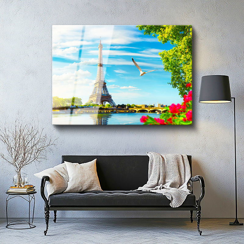 Tamperli Gerçek Cam Tablo Eyfel Kulesi Seine Nehri Çiçekler Şehir Mimari Tablo Duvar Dekoru